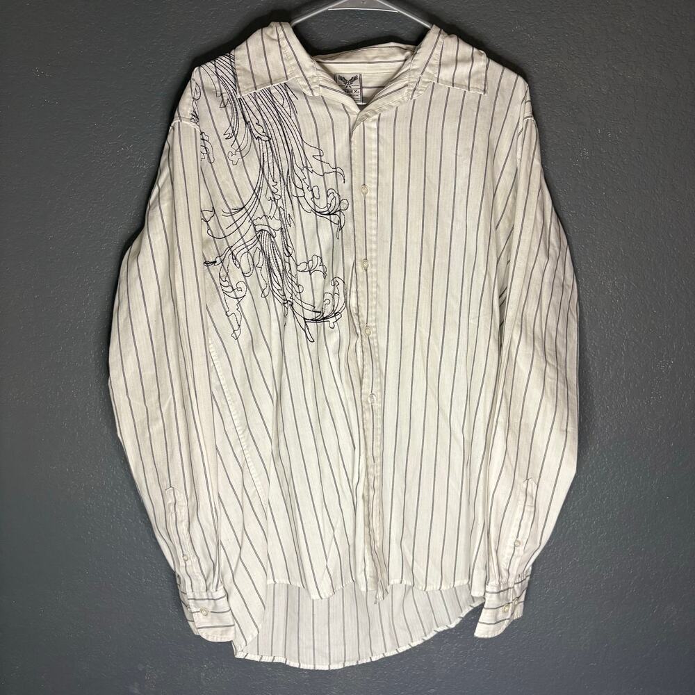Y2K Skater Avirex Dress Shirt Mens L White 2000s Grunge Black Stripes Embroidery